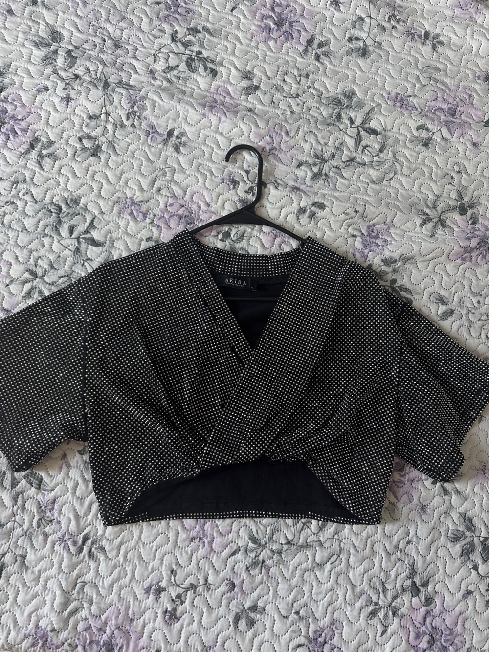 AKIRA Black Rhinestone-Embellished Cropped Wrap Top